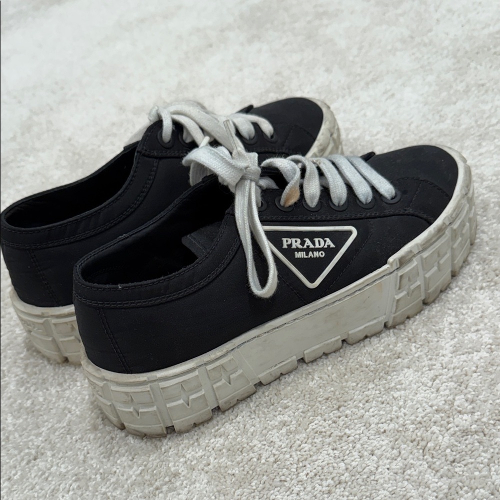 Prada Black Canvas Sneakers with Cream Soles
